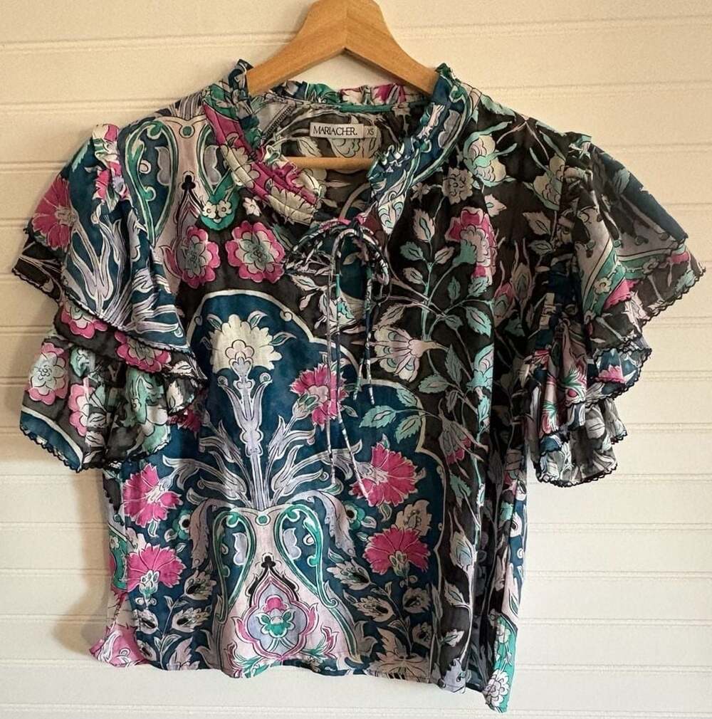 Maria Cher Ruffle Flutter Sleeve Floral Print Cotton-Silk Blend Blouse - Picture 3 of 8